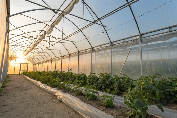 Sunlight filtering through a plastic greenhouse roof