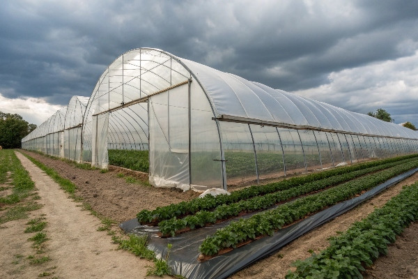 Plastic greenhouse standing firm during a rain shower
