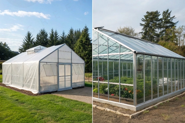 Side-by-side cost comparison graphic (conceptual) for plastic vs glass greenhouse