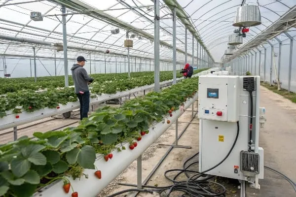Climate control system with temperature and humidity sensors in strawberry greenhouse