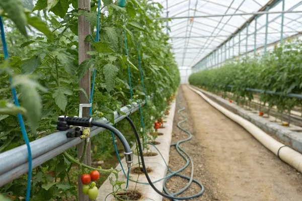 Close-up of drip irrigation and support systems in a professional tomato greenhouse
