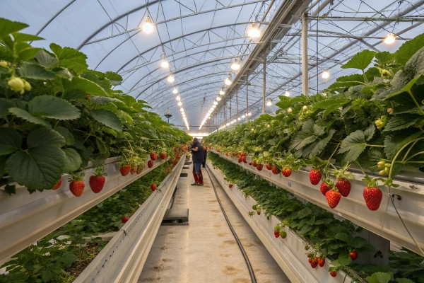 Commercial strawberry greenhouse with raised growing troughs
