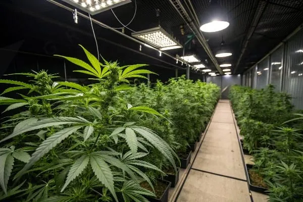 Cannabis plants growing in a professional greenhouse setting with climate control systems visible