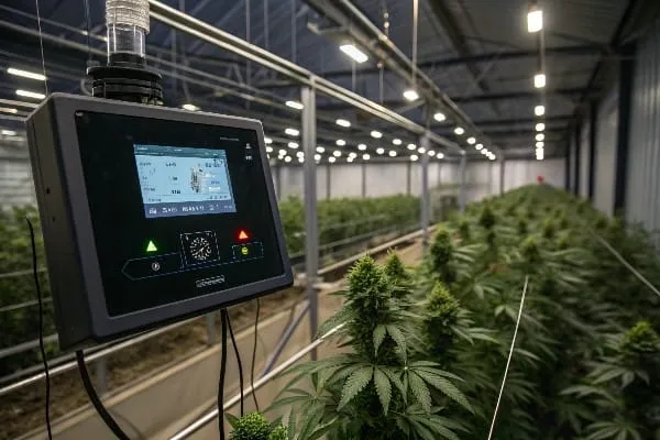 Advanced climate control panel monitoring temperature, humidity and CO2 levels in cannabis greenhouse