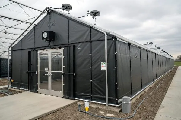 Greenhouse structural frame showing reinforced supports, security cameras, and access control systems