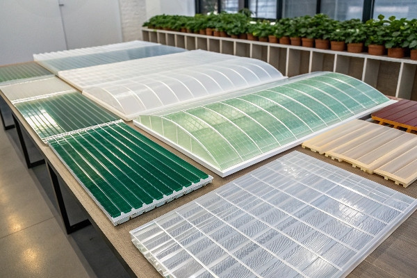 Different greenhouse covering materials displayed side by side