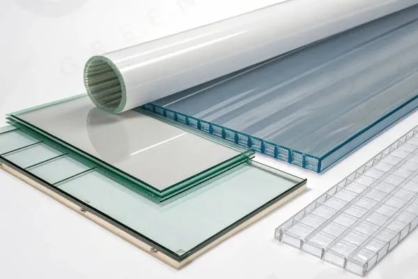 Comparison of different greenhouse covering materials showing glass, polycarbonate panels, and polyethylene film