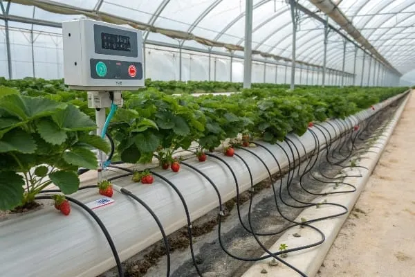 Drip irrigation system with timer controls in strawberry greenhouse