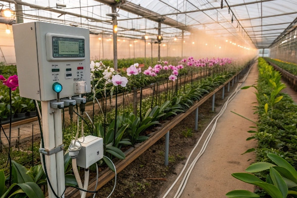 Greenhouse misting system creating ideal humidity for orchids