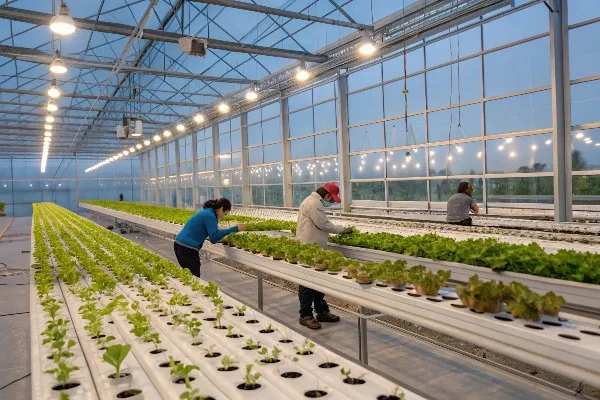 Commercial hydroponic greenhouse with lettuce growing