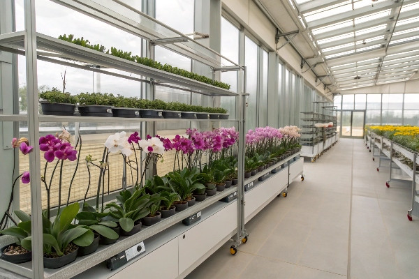 Well-designed interior layout of orchid greenhouse with tiered benching