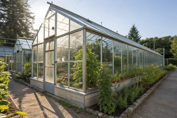 Diagram showing light passing through and heat retained by greenhouse glass