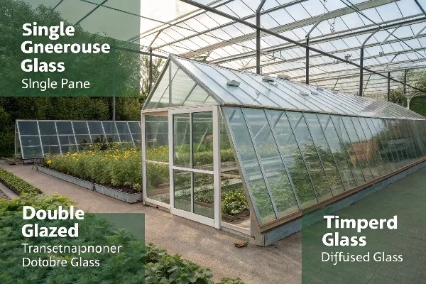 Different types of greenhouse glass panels stacked