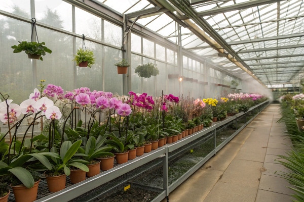 Greenhouse filled with flowering orchids of various colors and varieties
