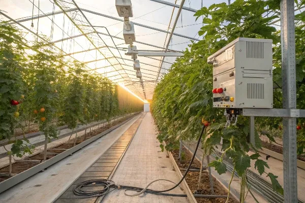 Modern greenhouse climate control systems showing temperature and humidity management