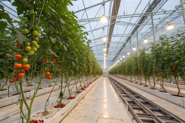 Commercial tomato greenhouse with hanging plants