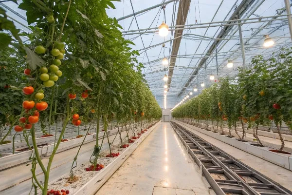 Commercial tomato greenhouse with hanging plants