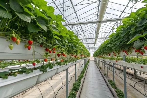 Commercial strawberry greenhouse with rows of thriving plants