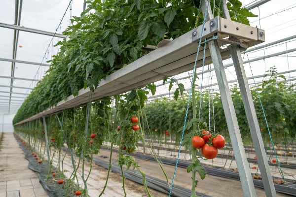 Overhead support systems for hanging tomato cultivation