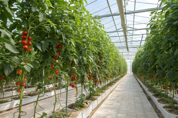 Tall greenhouse with properly spaced tomato plants