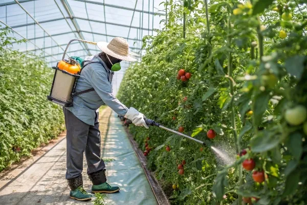 Worker using mechanical pollination tool and biological pest control methods in greenhouse