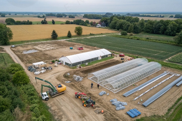 Aerial view of greenhouse site with preparation work underway