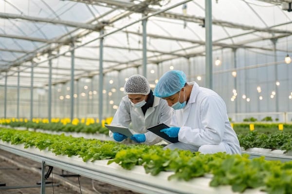 Research greenhouse with visitors viewing experimental crops