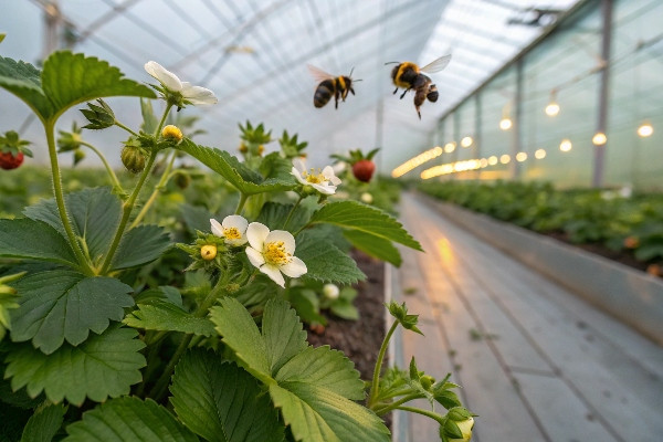 Bumblebees pollinating strawberry flowers in a greenhouse environment