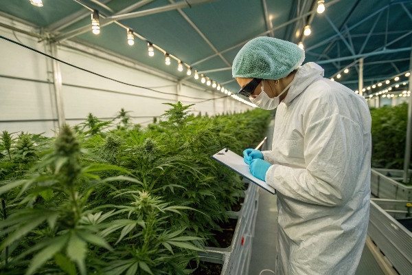 Cannabis cultivation expert inspecting a greenhouse structure