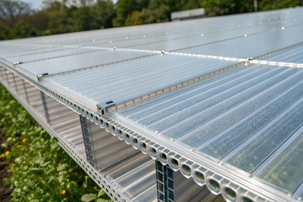 Close-up of multi-wall polycarbonate greenhouse panel structure