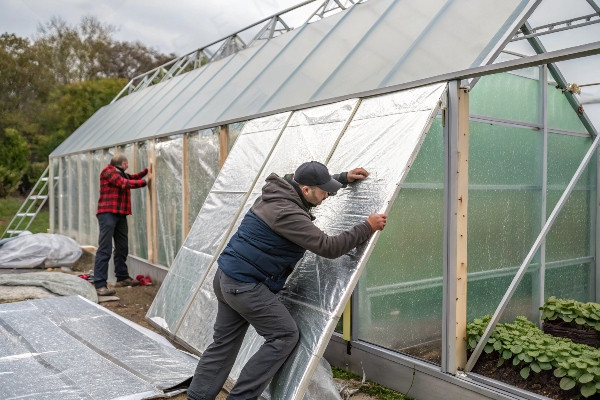 Close-up of various greenhouse insulation materials being installed