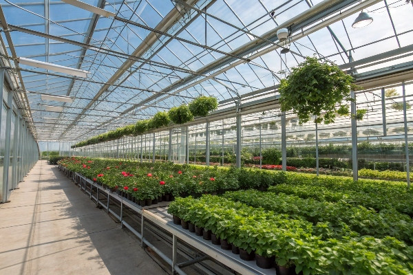 Traditional glass greenhouse structure with plants inside