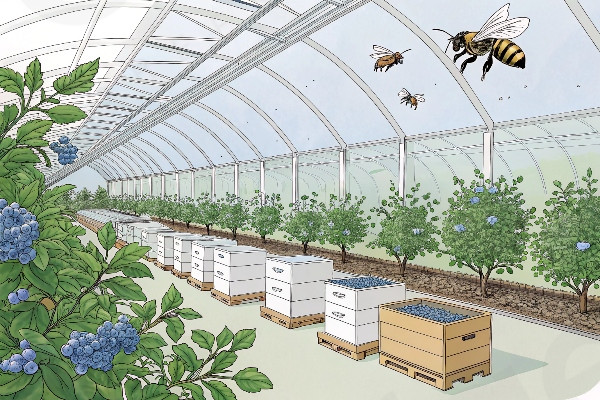 Bumble bee hives positioned within blueberry greenhouse