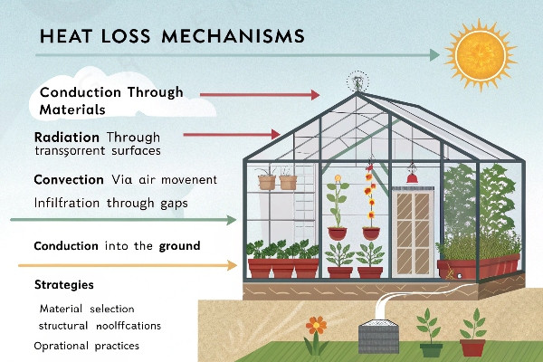 Diagram showing heat loss pathways in a greenhouse