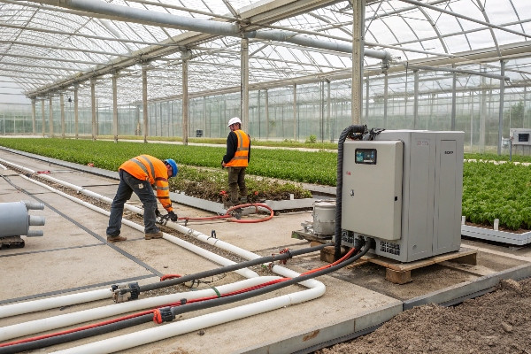 Advanced greenhouse heating technology with geothermal system visible