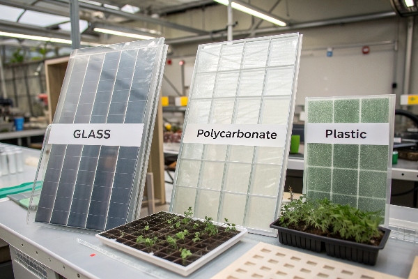Greenhouse covering materials comparison showing light transmission and insulation properties
