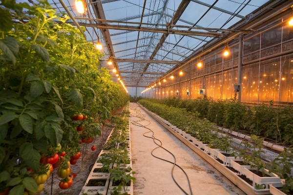 Heated greenhouse with thriving winter crops