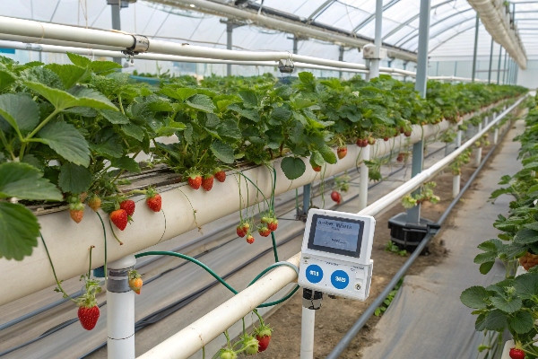 Hydroponic strawberry system with nutrient solution monitoring equipment
