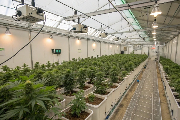 Cannabis greenhouse with various growing zones and climate controls