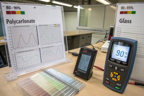 Light transmission test showing difference between polycarbonate and glass