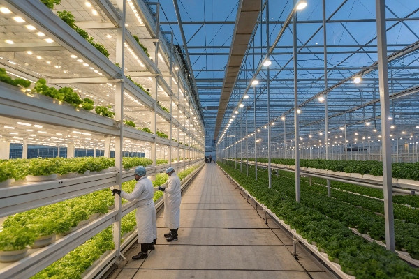 Commercial greenhouse facility with rows of plants