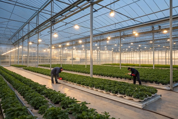 Person analyzing greenhouse plans and financial projections