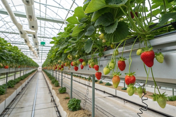 Strawberry plants growing in a commercial greenhouse with advanced irrigation systems