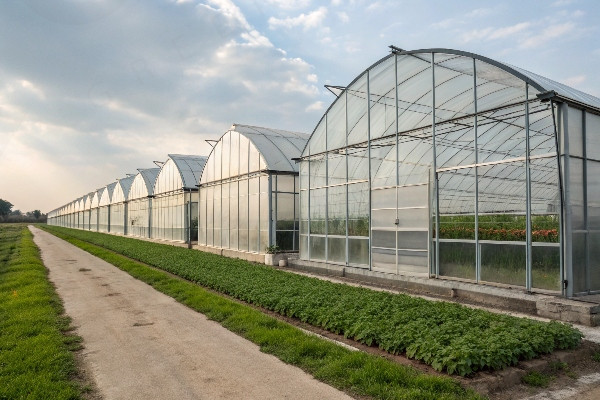 Various greenhouse structure types shown side by side