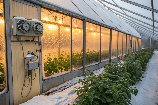 Winter greenhouse with visible insulation and heating systems