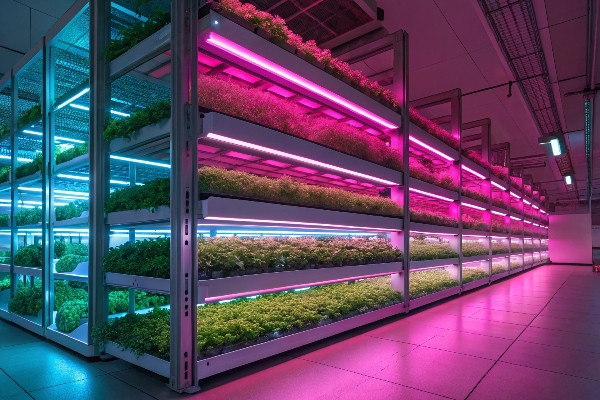 A multi-tiered indoor vertical farm with glowing pink and blue LED lights