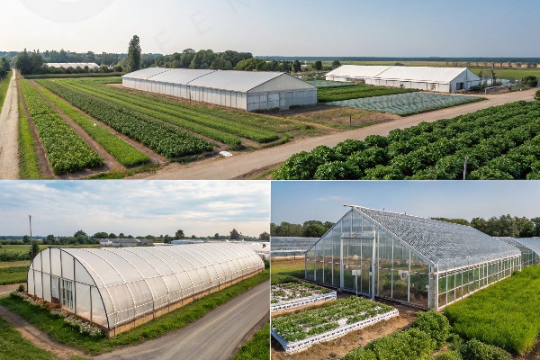 A panoramic view showing a variety of commercial greenhouse types and structures