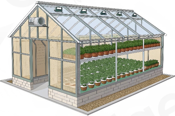 Cross-section diagram of deep winter greenhouse showing design features