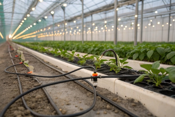Drip irrigation system in commercial greenhouse