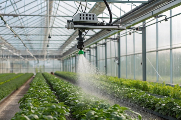 Mobile overhead sprinkler system greenhouse